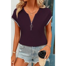 Buğrahayalin Kadın Kısa Kollu Önden Fermuarlı Kol Ucu Işıltılı Viskon Bluz