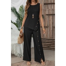 Serac Collection Kadın Askılı Yuvarlak Yakalı Önü Asimetrik Detaylı Düğmeli Aerobin Bluz ve Pantolon Ikili Takım