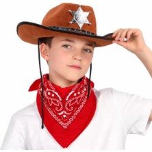 SHC4200 Çocuk Kovboy Şapka Rozetli Kahverengi Kırmızı Bandana Seti
