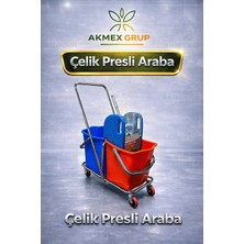 Akmex Grup Çift Kovalı Temizlik Arabası Krom Gövdeli Çelik Presli Paspas Arabası Seti
