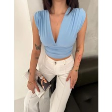 Gacha Vatkalı Kolsuz V Yaka Drapeli Crop Bluz Likralı Fit - Bebek Mavisi