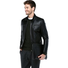 Dericlub E-1084 Deri Erkek Mont Slim Fit Siyah Gerçek Kuzu Derisinden Yumuşak Kalite