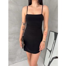 Deridün Yıldız Shoes Askılı Şifon Mini Elbise Drapeli Bel Vücuda Oturan Yazlık Şık - Siyah