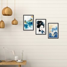 TASARIM ŞEYLER Mavi ve Altın Japon Sanatı - 3 Parçalı Geyşa ve Modern Peyzaj Mdf Tablo Seti