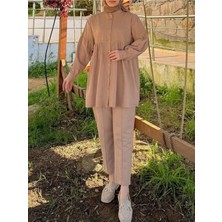 Moda Morfo Robadan Büzgülü Dantel İşlemeli Keten Takım    -Karamel