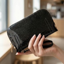 Sepetorium Kadın Siyah Simli Rugan El Çantası Gold Fermuar Bileklikli Clutch Çanta