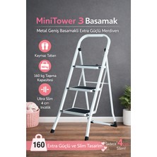 Ertekpa Minitower 3 Basamaklı Metal Merdiven - Ekstra Güçlü 160 kg Kapasiteli Beyaz