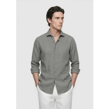Ramsey Antrasit Düz Casual Fit Uzun Dokuma Casual %100 Keten Gömlek