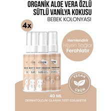 Clooe Vegan Organik Aloe Veralı Hassas Cilt Uyumlu Süt ve Vanilya Kokulu Yapışkanlık Bırakmayan Yatıştırıcı ve Nemlendirici Bebek Kolonyası 4'lü Set 40 ml