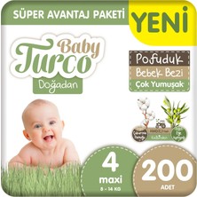 Baby Turco Doğadan Süper Avantaj Paketi Pofuduk Bebek Bezi 4 Numara Maxi 200 Adet