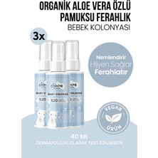 Clooe Vegan Organik Aloe Veralı Hassas Cilt Uyumlu Yapışkan His Bırakmayan Taze Pamuksu Kokulu Yatıştırıcı ve Nemlendirici Bebek Kolonyası 3'lü Set 40 ml