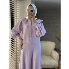 Modamorfo Dantelli Marul Yaka Saf Keten Etekli Takım  -Lila