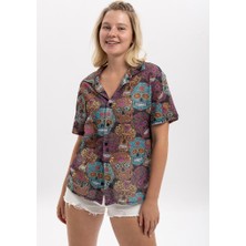 S-Ponder Kadın Meksikalı Kurukafa Desenli %100 Polyester Örme Kısa Kollu Gömlek