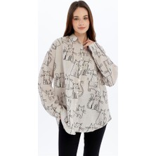 S-Ponder Kedi Desenli %100 Pamuk Oversize Uzun Kollu Gömlek