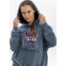 S-Ponder Kadın Piercingli Yüz Baskılı Oversize Kapüşonlu %100 Pamuk Sweatshirt
