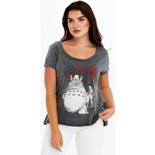 S-Ponder Kadın Totoro ve Mei Baskılı Bisiklet Yaka Crop Antrasit Yıkamalı Kumaş %100  Pamuk Tişört