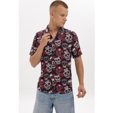 S-Ponder Erkek Kurukafa ve Gül Desenli %100 Viskon Kısa Kollu Gömlek