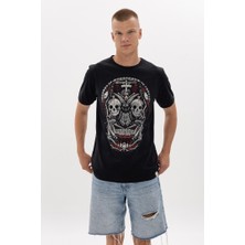 S-Ponder Erkek Kurukafa Tasarımlı Bisiklet Yaka Siyah %100 Pamuklu Tişört