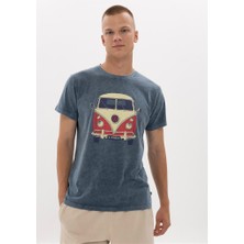 S-Ponder Erkek Klasik Retro Otobüs Baskılı Bisiklet Yaka Yıkamalı Kumaş %100 Pamuklu Tişört