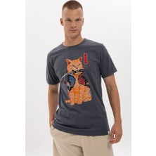 S-Ponder Erkek Katanalı Kedi Tasarımlı Bisiklet Yaka Açık Mavi %100 Pamuklu Tişört