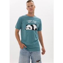 S-Ponder Erkek Tembel Panda Tasarımlı Bisiklet Yaka Antrasit %100 Pamuklu Tişört