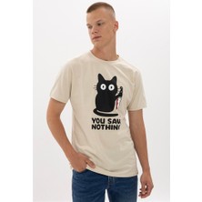 S-Ponder Erkek Komik Kedi Tasarımlı Bisiklet Yaka Taş Rengi Stone %100 Pamuklu Tişört