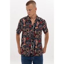 S-Ponder Erkek Göz Desenli %100 Viskon Kısa Kollu Gömlek