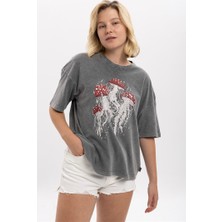 S-Ponder Denizanası Baskılı Bisiklet Yaka Oversize %100 Pamuk Tişört