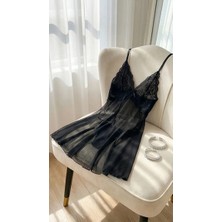 Vera Montel Dantelli Transparan Siyah Gecelik