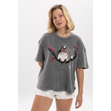 S-Ponder Kadın Totoro Dalda Baskılı Bisiklet Yaka Oversize %100 Pamuk Tişört