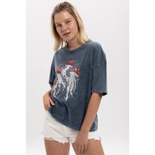 S-Ponder Denizanası Baskılı Bisiklet Yaka Oversize %100 Pamuk Tişört