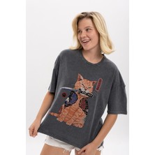 S-Ponder Kadın Katanalı Kedi Baskılı Bisiklet Yaka Oversize %100 Pamuk Tişört