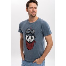 S-Ponder Erkek Panda Pilot Tasarımlı Bisiklet Yaka %100 Pamuklu Tişört