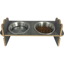 Gri Iki Kademeli Ahşap Demonte Iki Çelik Taslı Kedi Mama ve Su Kabı