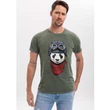 S-Ponder Erkek Panda Pilot Tasarımlı Bisiklet Yaka %100 Pamuklu Tişört