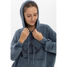 S-Ponder Kadın Peace Taş Ayrıntılı Baskılı Oversize Kapüşonlu %100 Pamuk Sweatshirt