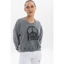 S-Ponder Kadın Peace Taş Ayrıntılı Tasarım Sweatshirt %100 Pamuklu Uzun Kollu