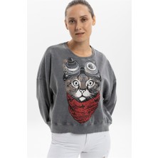 S-Ponder Kadın Kaşif Kedi Tasarımlı Sweatshirt %100 Pamuklu Uzun Kollu