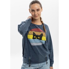 S-Ponder Kadın Gökkuşağı ve Kedi Tasarımlı Fermuar Ayrıntılı Sweatshirt %100 Pamuklu Uzun Kollu
