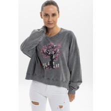 S-Ponder Kadın Ruh Ağacıi Tasarımlı Sweatshirt %100 Pamuklu Uzun Kollu