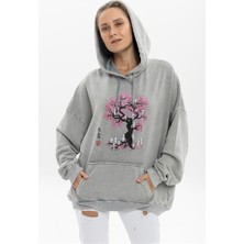 S-Ponder Kadın Ruh Ağacı Baskılı Oversize Kapüşonlu %100 Pamuk Sweatshirt