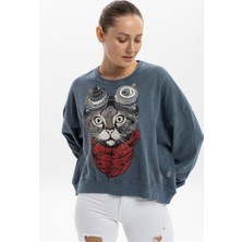 S-Ponder Kadın Kaşif Kedi Tasarımlı Sweatshirt %100 Pamuklu Uzun Kollu