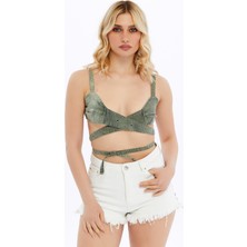 S-Ponder Kadın Kruvaze Bağlama & Kuşgözü Detaylı Yıkamalı Crop %100 Pamuk