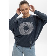 S-Ponder Kadın Izohips Plak Tasarımlı Fermuar Ayrıntılı Sweatshirt %100 Pamuklu Uzun Kollu