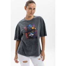 S-Ponder Kadın Steampunk Kedi Tasarımlı Bisiklet Yaka Oversize %100 Pamuk Tişört