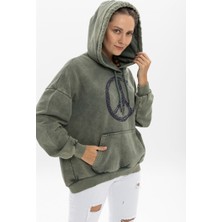 S-Ponder Kadın Peace Taş Ayrıntılı Baskılı Oversize Kapüşonlu %100 Pamuk Sweatshirt
