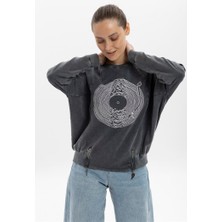 S-Ponder Kadın Izohips Plak Tasarımlı Fermuar Ayrıntılı Sweatshirt %100 Pamuklu Uzun Kollu