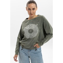 S-Ponder Kadın Izohips Plak Tasarımlı Fermuar Ayrıntılı Sweatshirt %100 Pamuklu Uzun Kollu