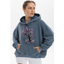S-Ponder Kadın Ruh Ağacı Baskılı Oversize Kapüşonlu %100 Pamuk Sweatshirt