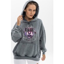 S-Ponder Kadın Piercingli Yüz Baskılı Oversize Kapüşonlu %100 Pamuk Sweatshirt